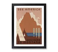 Wpa See America Montana Travel Poster Vintage Framed Wall Art Print, Ready to Hang Picture for Living Room Bedroom Home Office Décor, Black A2 (64 x 46 cm)