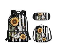 Wpamlrta American Flag Cow Sunflower Backpack School Bag and Lunch Box Pencil Bag 3 Pieces Set Lightweight Cute Preschool Elementary School Bookbag Pencil Case for Kids Boys Daypack