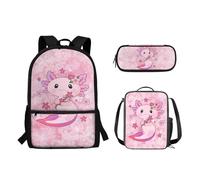 Wpamlrta Kisd Cute Backpack School Bag with Lunch Box Bag Pencil Case 3 Pieces Set Large Backpack with Front Pocket, Axolotl Pink
