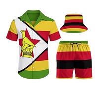 Wpamlrta Men's Summer Suit 3 Piece Sets Zimbabwe Flag Casual Button Down Short Sleeve Shirt Bucket Hat and Shorts Suit Beach Outfit 3XL