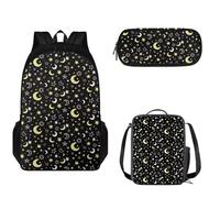 Wpamlrta Moon Star School Backpack 3Pcs for Kids Girls Bookbag with Lunch Box Pencil Case Lightweight School Bags for Teen Children Preschool Primary Elementary Students