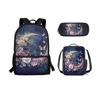 Wpamlrta Moon with Flower School Bag for Girls Large School Backpack Satchel with Lunch Bag Pencil Case Set Elementary School Bookbag Shoulder Bags Rucksack