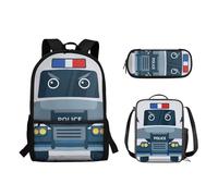 Wpamlrta Police Car Print Backpack School Bag and Lunch Box Pencil Bag 3 Pieces Set for Kids Lightweight Cute Preschool Elementary School Bookbag Pencil Case