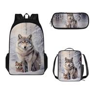 Wpamlrta Wolf Animal School Backpack for Girls Boys, 3 Piece Lightweight Knapsack Set with Lunch Box Pencil Case Bookbag for Kids Teens Teenager Elementary Middle High Students