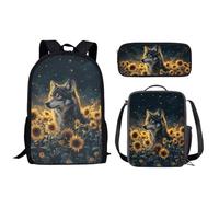 Wpamlrta Wolf Sunflower 3PCS Girls Boys Backpack, Personalized Large Capacity Backpack with Lunch Box Pencil Case, Bookbag for Teen Girls Elementary Middle School Gift