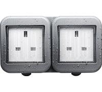 Weatherproof IP55 rated outdoor 2 gang unswitched electrical socket.