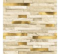 WPE® 3D Wallpaper Split Face Natural Stone Design Light Beige Off White Stone Gold Feature Brick Vinyl Premium Wallpaper - Realistic Stone Look for Living Room, Kitchen, Bathroom, Feature Walls 62549