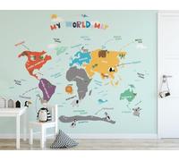 WPE® Kids World Map Wall Mural - Educational Animal & Continents Map Wallpaper - Mint Green Nursery & Playroom Wallpaper - 300 x 240cm - 6 Panel - Paste The Wall - 50646