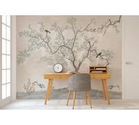 WPE® Oriental Blossom Tree Wall Mural with Birds - Japanese Botanical Nature Wallpaper - Beige Floral Feature Wall - 300 x 240cm - 6 Panel - Paste The Wall - 50633