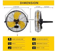 wpenshiDM125 Floor Standing Fan Wall Mounted Fan 18 Inch High Velocity Metal Commercial Industrial with 3 Speed