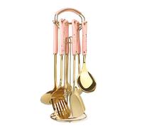 WPKD BLUEIY 7PCS Stainl Steel Cooking Utensils Set, Ceramic Handle Kitchen Spatulas and Spoons Set, Pink and Gold, Includes Spoon, Spatula, Turner, and