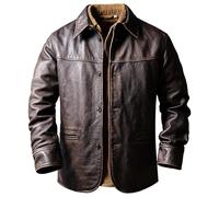 WPKDS Men's Vintage Distressed Genuine Cowhide Leather Jacket - Hand-Rubbed Brown Full Grain Biker Coat with Adjustable Waist Belt(Brown, XXL)
