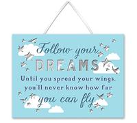 WPL Follow Your Dreams Wooden Mirror Hanging Plaque, Decorative Wall Mirror, 12.192 cm x 9.398 cm