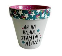 WPL Gifts Love Plants Small Flower Planter Pots - Fun Quotes & Humour in Pastel Colours - with Optional Coaster Add On - Perfect Floral Home Decor (Stayin Alive!)