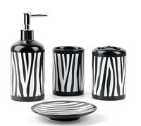 WPM 4 Piece Ceramic Bathroom Accessories Set - Zebra Print - Our Complete Bath Decor Kit Includes Designer Soap or Lotion Dispenser - Toothbrush Holder - Tumbler - Soap Dish