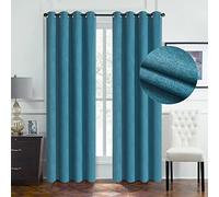 WPM Drapes Faux Linen Room Darkening Curtains Elegant Window Panels for Bedroom/Living Room Inches Long Energy Saving Window Treatment Grommet Style, Set of 2 (Blue, 84 Inch Long)