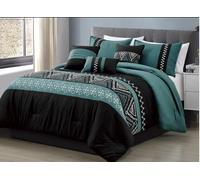 WPM WORLD PRODUCTS MART 7 Piece Western Southwestern Native American Design Comforter Set Teal Green White Multicolor Embroidered King Size Bed in a Bag Navajo Print Bedding Set (22307, King)