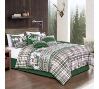 WPM WORLD PRODUCTS MART Forest Green Deer Print Velvet Comforter Set - Lodge Cabin Bedding with Pillow Shams, Bedskirt & Decorative Pillows - Rustic Woodland Wildlife Design (7-Piece) (King)