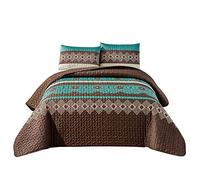 WPM WORLD PRODUCTS MART Southwest Teal/Beige/Brown Print Bedspread 3 Piece Navajo/Native American Tribal Design Microfiber Cabin Lodge Quilt Set- Queen Size Southwestern Bedding Makala (Queen)