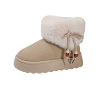 Wpmen's Platform Snow Boots Suede Fleece Lined Slip On Ankle Boots Fashionable Outdoor Walk Booties Fluffy Shoes for Women (Beige, 4)