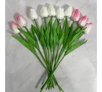 WPNCYK 10PCS Artificial TulipS Tulips Tulips Artificial Flowers Faux Tulip - 32CM Silk Flower Bouquet for Home Wedding Decor (5Pcs White & 5Pcs Pale Pink, Grid Canvas Texture)