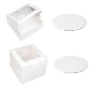WPNCYK 2-Pack 8 Inch Box and Round Board Set - 8x8x5 Inch White Storage Box with Lid - Perfect for Bento, Brownies, Cupcakes, and Pastries - Durable and Food-Safe Boxes for Baking a
