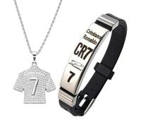 WPNCYK 2 PCS Football Stuff, CR7 Football Star Bracelet Pendant Necklace Set, Football Gifts for Boys, Football Necklace, Champions League Jewelry Gift for Kids Friends Football Fans, Silver