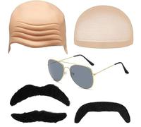 WPNCYK Bald Cap, 6-Piece Costume Set with Sunglasses and Fake Beards, Latex Bald Head Cap for Halloween, Cosplay, and Themed Parties, Fits Most People 26x13cm