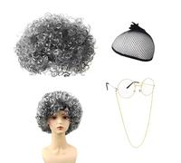 WPNCYK Granny Wig, Grey Synthetic Curly Wig for Women, 1 Pcs, with Glasses & Chain Accessories Kit, Grandma Wig Cap for Halloween, Carnival & World Book Day