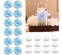 WPPNSY 24 Pcs Floating Candles for Centerpieces and Floating Flowers Artificial Flowers Head Vase Filler for Party Home Table Wedding Centerpieces Decoration (Blue)