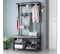 WPPTNSFY Entryway Coat Rack with Shoe Bench and 14 Hooks Industrial Hall Tree with Shoe Storage Free Standing Coat Stand 4-in-1 Design for Entryway Hallway Living Room Bedroom