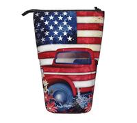 WPUTY 4th of July Patriotic US Flag Printed Pencil Case Standing Telescopic Pen Holder for Cosmetics Pouch Makeup Office Bag