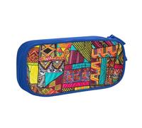 WPUTY African Textile Patchwork Print Printed Large Capacity Pencil Case Blue Double-Layer Stationery Organizer Makeup Bag for School, Office, Travel
