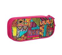WPUTY African Textile Patchwork Print Printed Large Capacity Pencil Case Pink Double-Layer Stationery Organizer Makeup Bag for School, Office, Travel