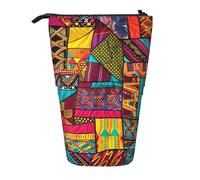 WPUTY African Textile Patchwork Print Printed Pencil Case Standing Telescopic Pen Holder for Cosmetics Pouch Makeup Office Bag