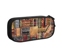 WPUTY African Textile Patchwork Printed Large Capacity Pencil Case Black Double-Layer Stationery Organizer Makeup Bag for School, Office, Travel
