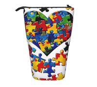 WPUTY Autism Awareness Puzzle Pieces Heart Printed Pencil Case Standing Telescopic Pen Holder for Cosmetics Pouch Makeup Office Bag