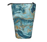 WPUTY Azurite Teal and Foil Gold Oil Marble Pattern Printed Pencil Case Standing Telescopic Pen Holder for Cosmetics Pouch Makeup Office Bag