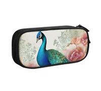 WPUTY Beautiful Peacock and Floral Printed Large Capacity Pencil Case Black Double-Layer Stationery Organizer Makeup Bag for School, Office, Travel
