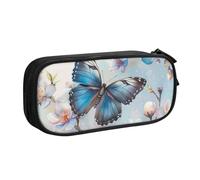 WPUTY Blue Butterfly On Blossom Flower Printed Large Capacity Pencil Case Black Double-Layer Stationery Organizer Makeup Bag for School, Office, Travel