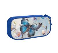 WPUTY Blue Butterfly On Blossom Flower Printed Large Capacity Pencil Case Blue Double-Layer Stationery Organizer Makeup Bag for School, Office, Travel