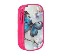 WPUTY Blue Butterfly On Blossom Flower Printed Large Capacity Pencil Case Pink Double-Layer Stationery Organizer, Cosmetic & Makeup Bag for Students, Teachers, Adults