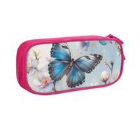 WPUTY Blue Butterfly On Blossom Flower Printed Large Capacity Pencil Case Pink Double-Layer Stationery Organizer Makeup Bag for School, Office, Travel