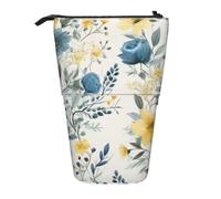 WPUTY Blue Flower Floral Pattern Roses Printed Pencil Case Standing Telescopic Pen Holder for Cosmetics Pouch Makeup Office Bag