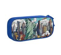 WPUTY Cartoon Cute New York Theme Art Printed Large Capacity Pencil Case Blue Double-Layer Stationery Organizer Makeup Bag for School, Office, Travel