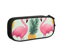 WPUTY Cartoon Flamingo Pineapples Printed Large Capacity Pencil Case Black Double-Layer Stationery Organizer Makeup Bag for School, Office, Travel