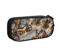 WPUTY Christmas Village Printed Large Capacity Pencil Case Black Double-Layer Stationery Organizer Makeup Bag for School, Office, Travel