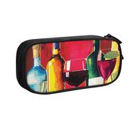 WPUTY Cocktail Glasses and Wine Bottles Printed Large Capacity Pencil Case Black Double-Layer Stationery Organizer Makeup Bag for School, Office, Travel