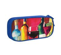 WPUTY Cocktail Glasses and Wine Bottles Printed Large Capacity Pencil Case Blue Double-Layer Stationery Organizer Makeup Bag for School, Office, Travel