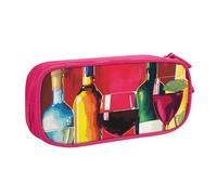 WPUTY Cocktail Glasses and Wine Bottles Printed Large Capacity Pencil Case Pink Double-Layer Stationery Organizer Makeup Bag for School, Office, Travel